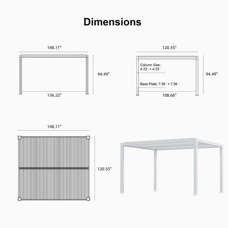 PURPLE LEAF Athena Louvered Pergola Modern White Pergola with Adjustable Roof for Deck Backyard Garden