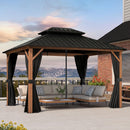 PURPLE LEAF Metal Gazebo Double Roof Wood Grain Aluminum Frame with Curtains Netting and Reinforcement Support Rods