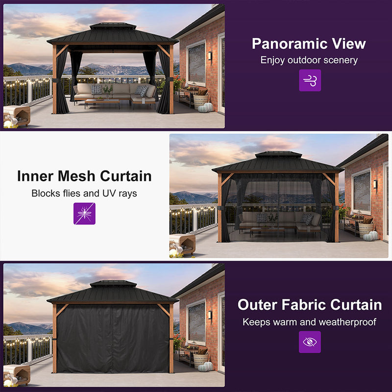 PURPLE LEAF Metal Gazebo Double Roof Wood Grain Aluminum Frame with Curtains and Netting with Lights-clear
