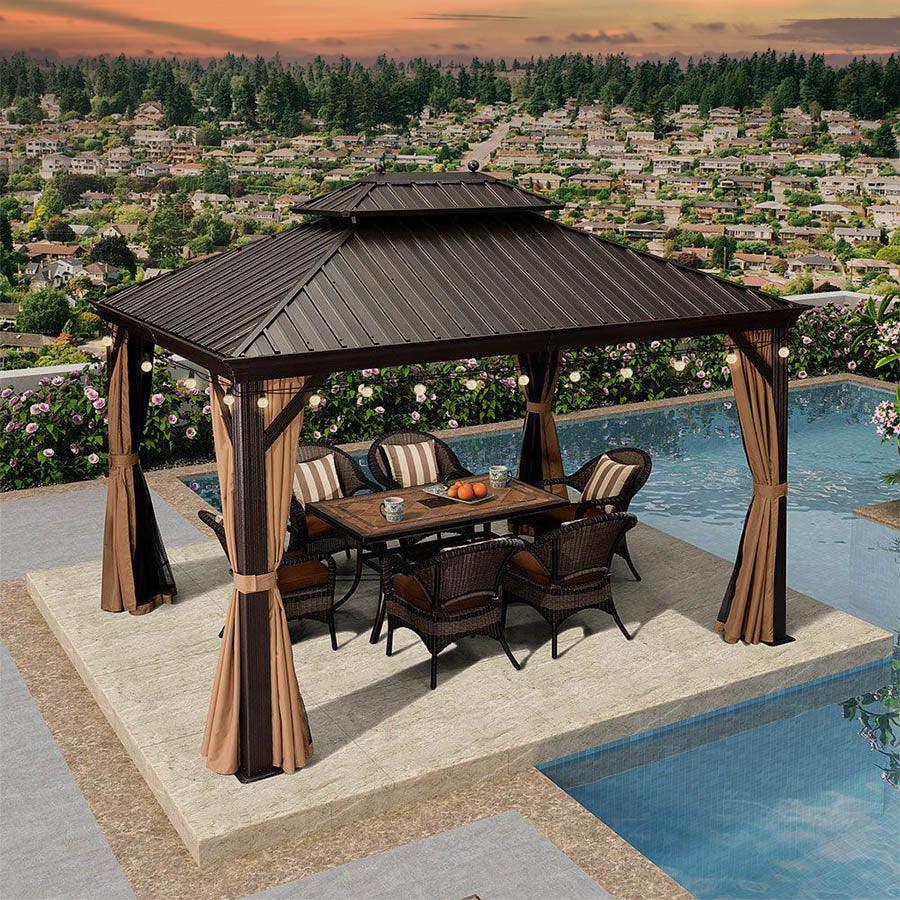 Hardtop Gazebo, Double Roof & String Lights | Bronze Frame