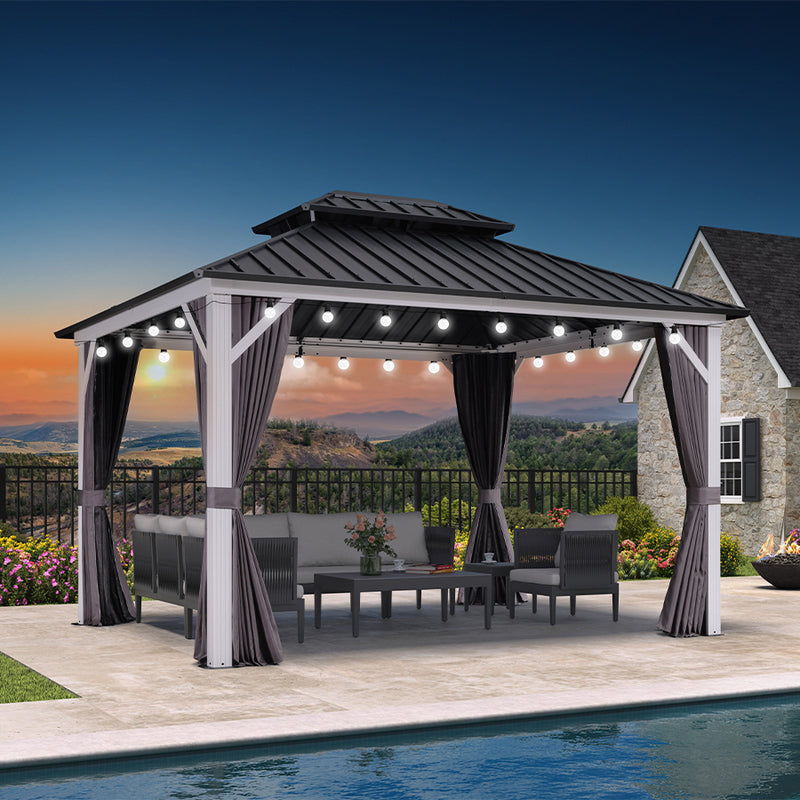 PURPLE LEAF Patio Hardtop Gazebo for Outdoor Grey Galvanized Steel Double Roof White Aluminum Poles with Curtains and String Lights-milky