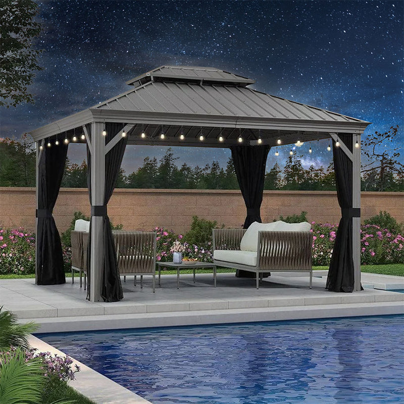 PURPLE LEAF Patio Gazebo for Pool Light Grey Hardtop Galvanized Steel Roof with String Lights