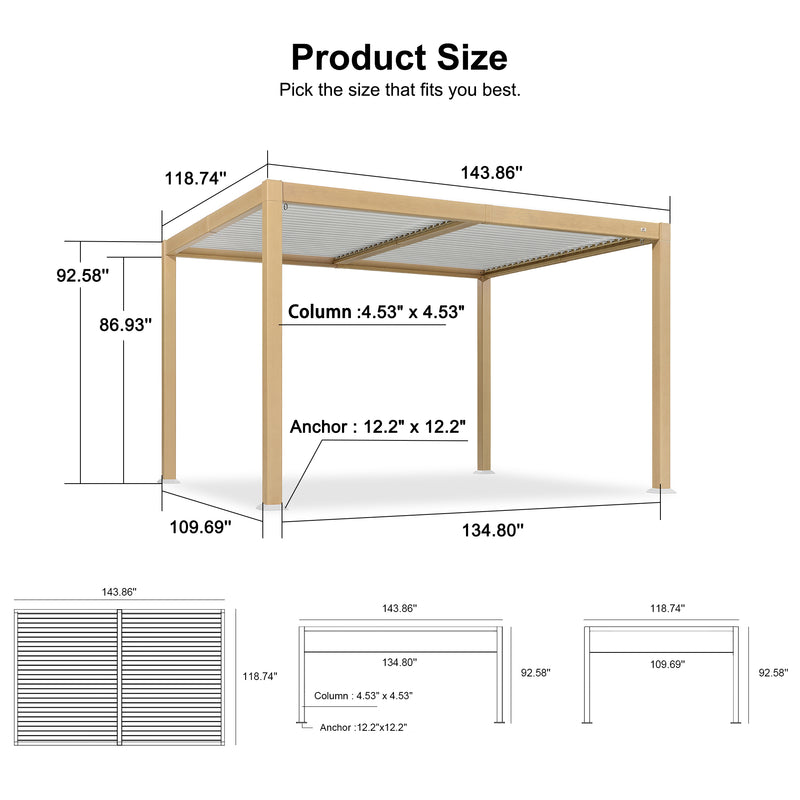 PURPLE LEAF Louvered Pergola Outdoor Wood Grain Aluminum Pergola with Adjustable Roof Retractable Patio Rainproof Hardtop Gazebo for Deck Backyard Garden