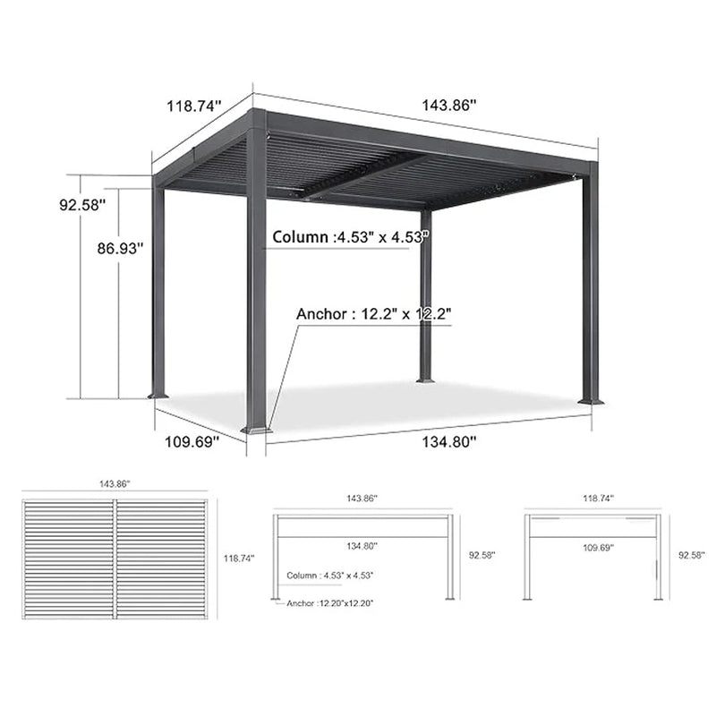 PURPLE LEAF 10' × 12' Outdoor Louvered Pergola Patio Sun Shade Shelter with Adjustable Hardtop Patio Pergola Grey