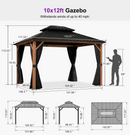 PURPLE LEAF Metal Gazebo Double Roof Wood Grain Aluminum Frame with Curtains Netting and Reinforcement Support Rods