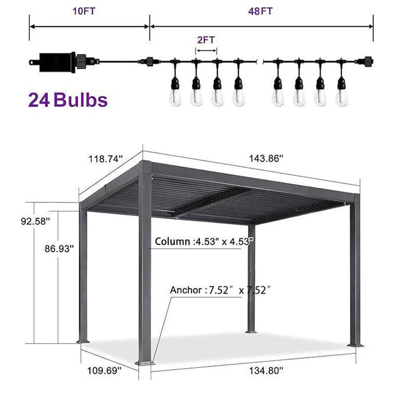 PURPLE LEAF Louvered Pergola with Milky String Lights Patio Aluminum Pergola with Independent Adjustable Rainproof Roof Hardtop Pergola for Outdoor Deck Garden Yard