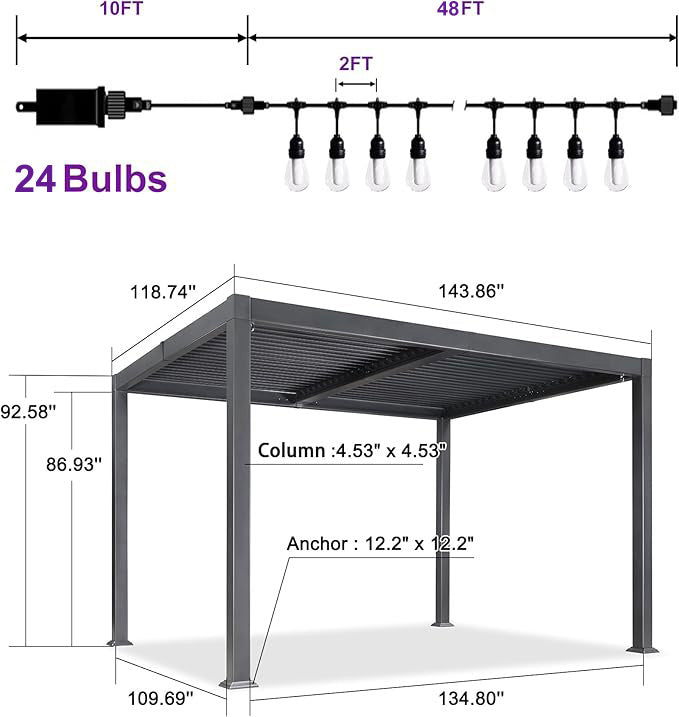 PURPLE LEAF Louvered Pergola with String Lights Patio Aluminum Pergola with Independent Adjustable Rainproof Roof Hardtop Pergola for Outdoor Deck Garden Yard