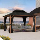 PURPLE LEAF Metal Gazebo Double Roof Wood Grain Aluminum Frame with Curtains and Netting