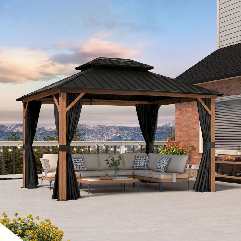 PURPLE LEAF Metal Gazebo Double Roof Wood Grain Aluminum Frame with Curtains and Netting
