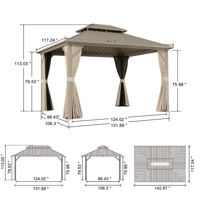PURPLE LEAF Outdoor Hardtop Gazebo Champagne Metal Frame Galvanized Steel Double Roof with Curtains and Netting for Poolside