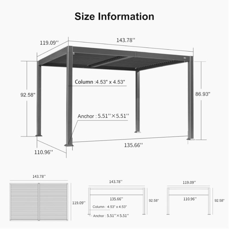 PURPLE LEAF Outdoor Louvered Pergola Patio Sun Shade Shelter with Adjustable Hardtop Patio Pergola Grey