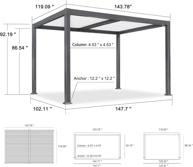 PURPLE LEAF Outdoor Louvered Pergola Patio Sun Shade Shelter with Adjustable Hardtop Patio Pergola Gray Frame White Roof