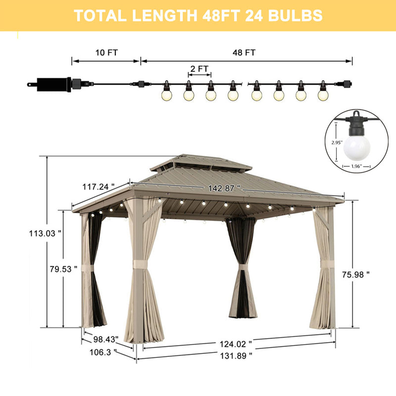 PURPLE LEAF Outdoor Hardtop Gazebo Champagne Metal Frame Galvanized Steel Double Roof with Curtains and Netting for Poolside with Lights-milky