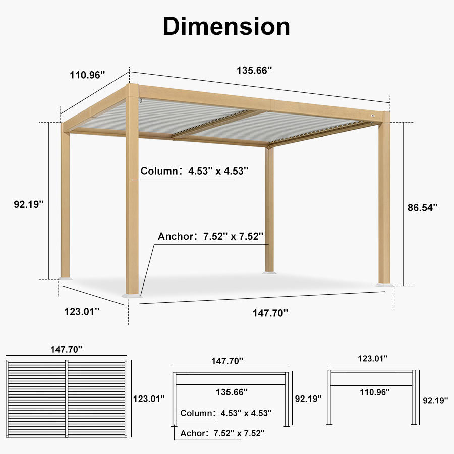 Louvered Pergola w/ Adjustable Roof | Wood-Grain Aluminum