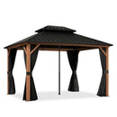 PURPLE LEAF Metal Gazebo Double Roof Wood Grain Aluminum Frame with Curtains Netting and Reinforcement Support Rods