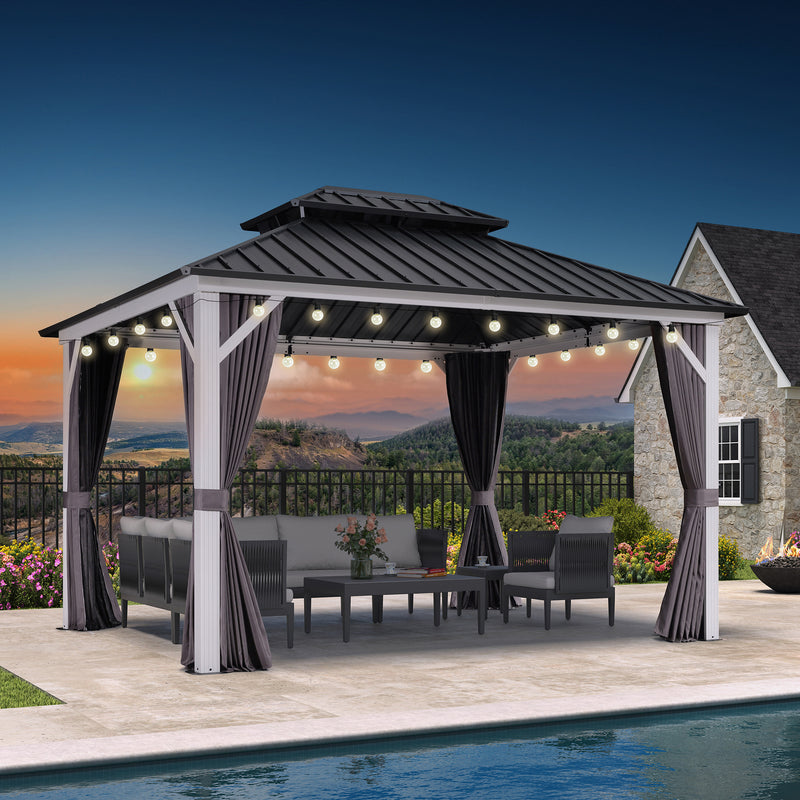 PURPLE LEAF Patio Hardtop Gazebo for Outdoor Grey Galvanized Steel Double Roof White Aluminum Poles with Curtains and String Lights-clear