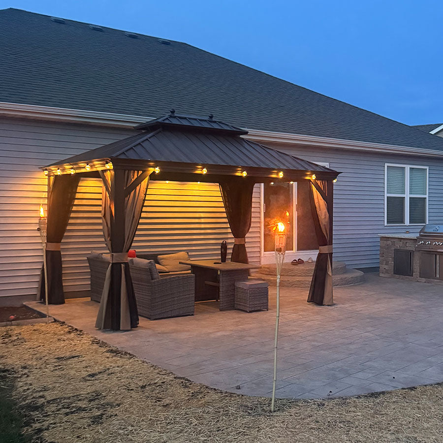 Hardtop Gazebo, Double Roof & String Lights | Bronze Frame