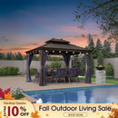 PURPLE LEAF Outdoor Hardtop Gazebo for Patio Bronze Aluminum Frame Pavilion with Navy-Blue Curtain and String Lights-milky