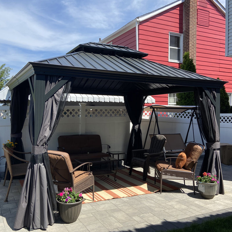 PURPLE LEAF Patio Gazebo for Backyard Grey Hardtop Galvanized Steel Roof Awning with Upgrade Curtain