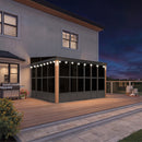 PURPLE LEAF Wall Mounted Sunroom Galvanized Steel Sloped Roof Lean-to Gazebo Aluminum Grey Frame Wood Grain Columns for Outdoor Home Extension with String Lights
