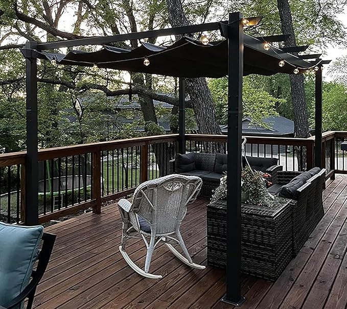 PURPLE LEAF Outdoor Pergola with Retractable Canopy Aluminum Shelter for Beach Porch Garden  Shade Pavilion Pergola  with Lights