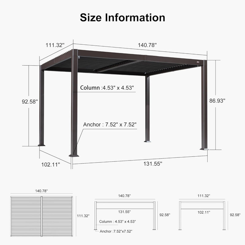 PURPLE LEAF Louvered Pergola Outdoor Adjustable Louvre Shade Modern Patio Aluminum Pergola with Retractable Roof for Deck Backyard Garden Hardtop Gazebo