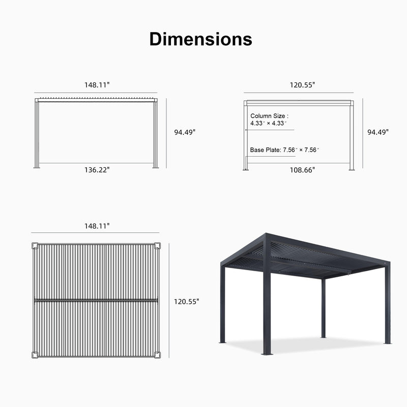 PURPLE LEAF Louvered Pergola Outdoor Aluminum Pergola with Adjustable Roof for Deck Backyard Garden Hardtop Gazebo