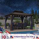 PURPLE LEAF Outdoor Hardtop Gazebo for Patio Bronze Aluminum Frame Pavilion with Navy-Blue Curtain and String Lights-milky