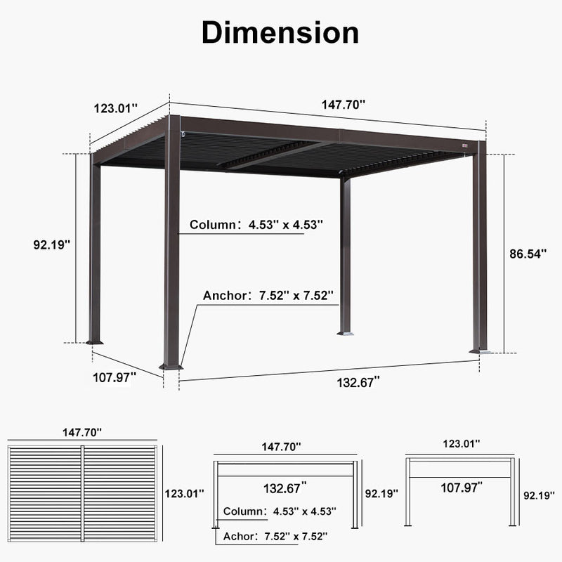 PURPLE LEAF Louvered Pergola Outdoor Adjustable Roof Modern Patio Aluminum Pergola for Deck Backyard Garden Hardtop Gazebo Bronze
