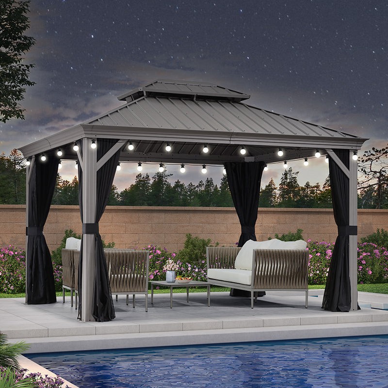 PURPLE LEAF Patio Gazebo for Pool Light Grey Hardtop Galvanized Steel Roof with String Lights-milky