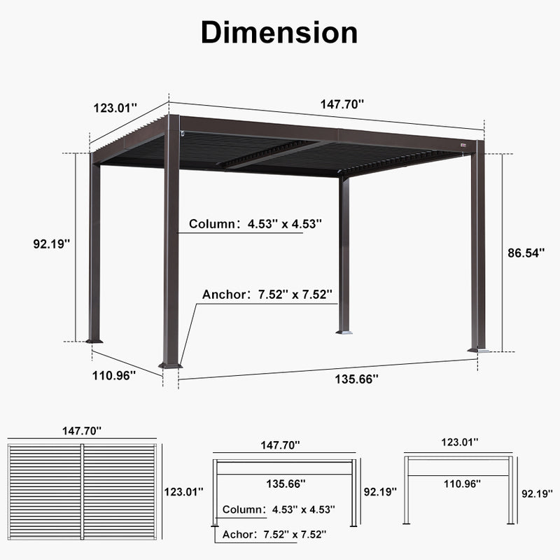PURPLE LEAF Louvered Pergola Outdoor Adjustable Louvre Shade Modern Patio Aluminum Pergola with  Yellow Lights