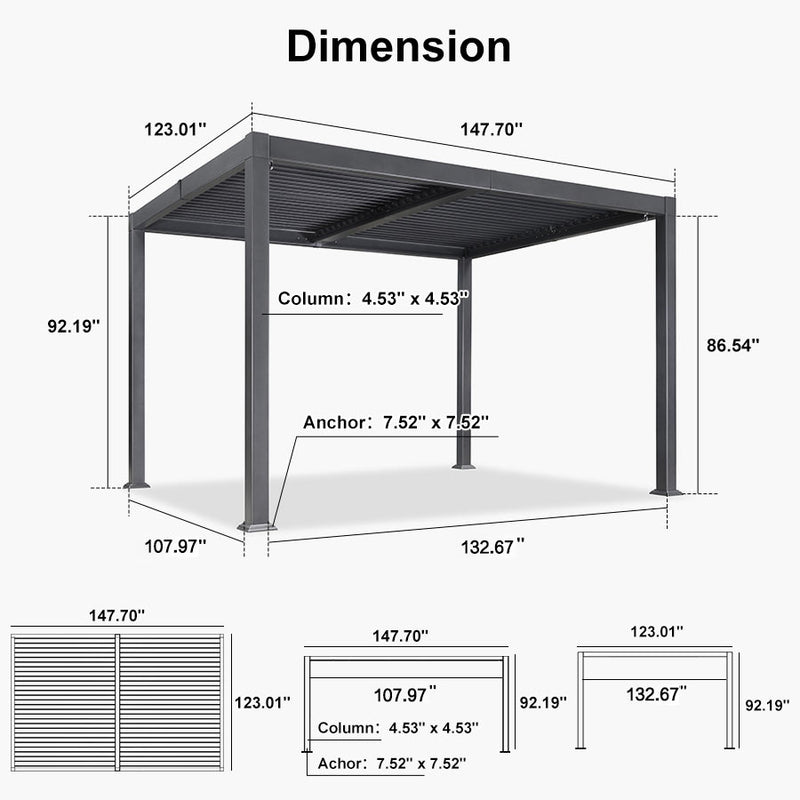 PURPLE LEAF Outdoor Louvered Pergola Patio Sun Shade Shelter with Adjustable Hardtop Patio Pergola Grey