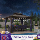 PURPLE LEAF Outdoor Hardtop Gazebo for Patio Bronze Aluminum Frame Pavilion with Navy-Blue Curtain and String Lights-clear