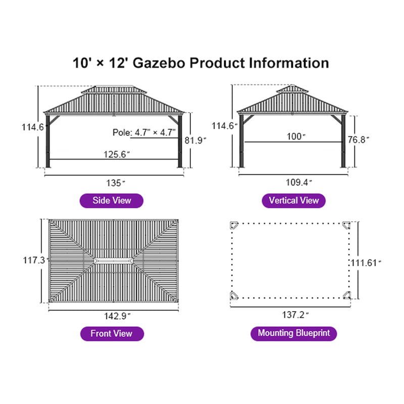PURPLE LEAF Hardtop Gazebo for Patio Wood Grain Galvanized Steel Frame Awning with String Lights-clear