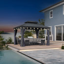PURPLE LEAF Outdoor Hardtop Gazebo for Patio Grey Aluminum Frame Pavilion with Navy-Blue Curtain and String Lights