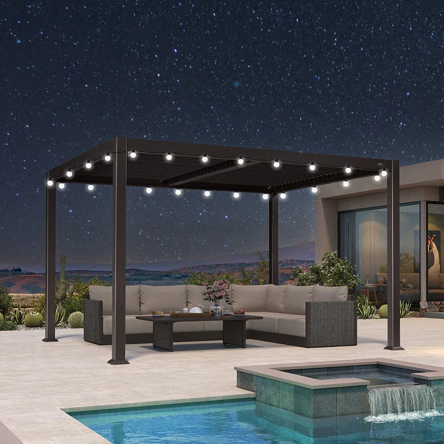 Caesar Louvered Pergola Outdoor Adjustable Louvre Shade Modern Patio Aluminum Pergola Milky Lights