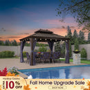 PURPLE LEAF Outdoor Hardtop Gazebo for Patio Bronze Aluminum Frame Pavilion with Navy-Blue Curtain and String Lights-clear