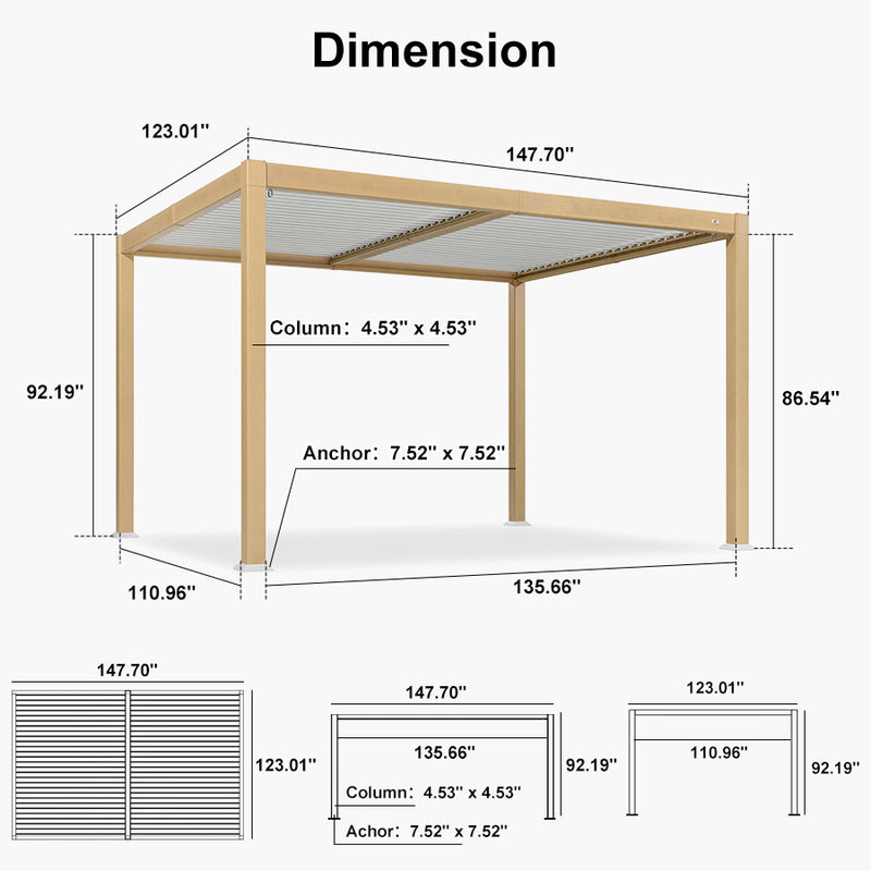 PURPLE LEAF Louvered Pergola Outdoor Wood Grain Aluminum Pergola with Adjustable Roof Patio Rainproof Hardtop Gazebo With Milky Lights