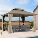 PURPLE LEAF Deck Gazebo Champagne Hardtop Metal Frame Double Roof with Curtains Netting and Reinforcement Support Rods