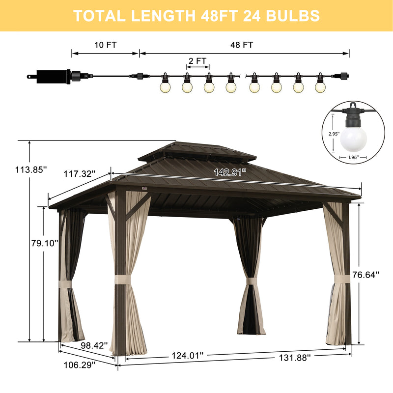 PURPLE LEAF Outdoor Hardtop Gazebo Bronze Metal Frame Galvanized Steel Double Roof with Lights-milky