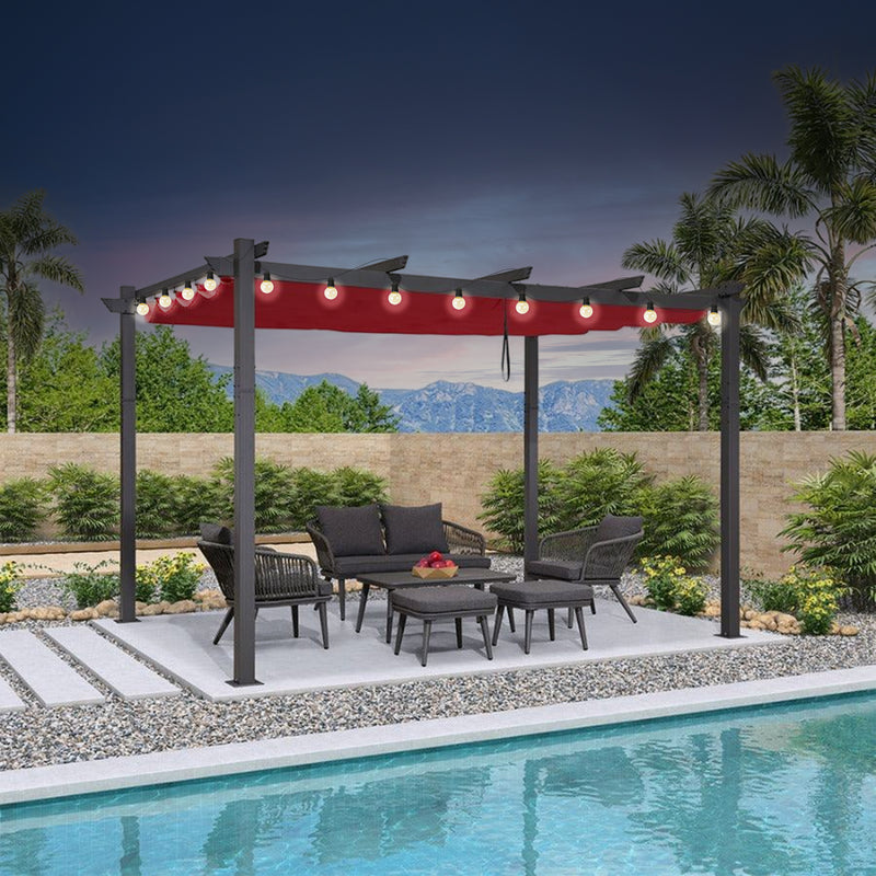 PURPLE LEAF Outdoor Pergola with Retractable Canopy Aluminum Shelter for Beach Porch Garden  Shade Pavilion Pergola  with Lights