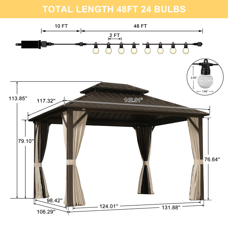 PURPLE LEAF  Outdoor Hardtop Gazebo Bronze Metal Frame Galvanized Steel Double Roof with Lights-clear
