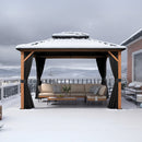 PURPLE LEAF Metal Gazebo Double Roof Wood Grain Aluminum Frame with Curtains and Netting