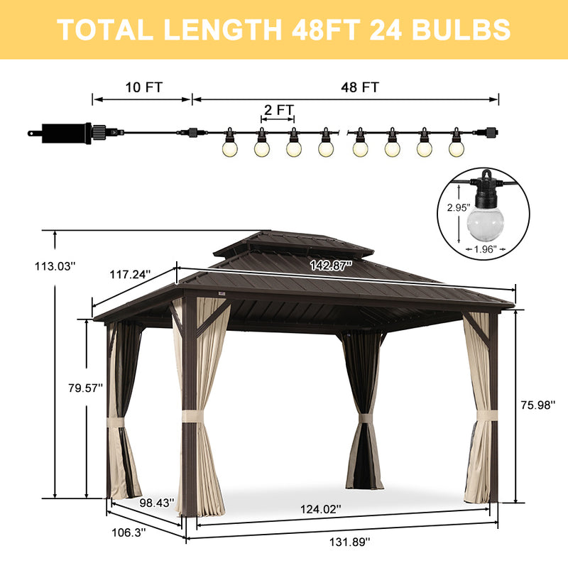 PURPLE LEAF Outdoor Hardtop Gazebo Bronze Metal Frame Galvanized Steel Double Roof with Lights-milky