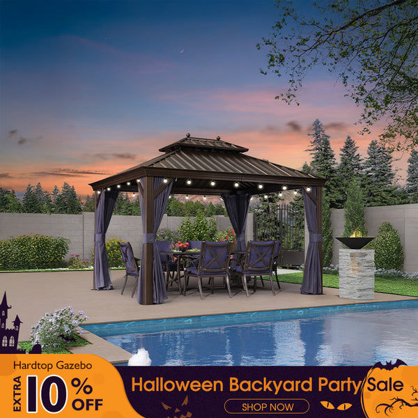 Bronze Aluminum Frame Hardtop Gazebo | Navy Curtains