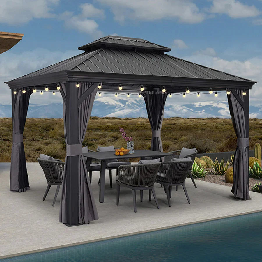 Outdoor Hardtop Gazebo String Lights | Galvanized Steel roof