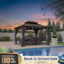 PURPLE LEAF Outdoor Hardtop Gazebo for Patio Bronze Aluminum Frame Pavilion with Navy-Blue Curtain and String Lights-milky