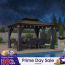 PURPLE LEAF Outdoor Hardtop Gazebo for Patio Bronze Aluminum Frame Pavilion with Navy-Blue Curtain and String Lights-milky