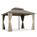 PURPLE LEAF Deck Gazebo Champagne Hardtop Metal Frame Double Roof with Curtains Netting and Reinforcement Support Rods