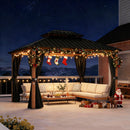 PURPLE LEAF Metal Gazebo Double Roof Wood Grain Aluminum Frame with Curtains and Netting with Lights-clear